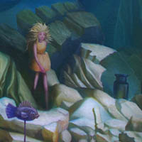 dark blue colouring; a doll-figure strolling through a rocky diorama