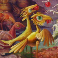 young birds being fed by a multi-limbed tree-like figure