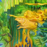 pattern of green vegetation, transparent blue flowers and a few golden figures  