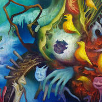 greenish landscape with large god-like figure formed from vegetation and golden birds