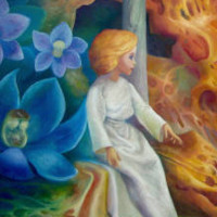 thumbnail - woman in white dress sitting in front of blue orchids