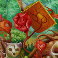 tree stump with one large eye reading from book held by surreal rose