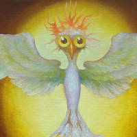startled white bird rising from ornate bird bath in a golden glow 