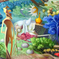 colourful distorted landscape with battered shed and rusting junk, small yellow vase with lampshade in centre